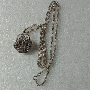 Silver Tone Watch Flower Basket Pendant Necklace #A412